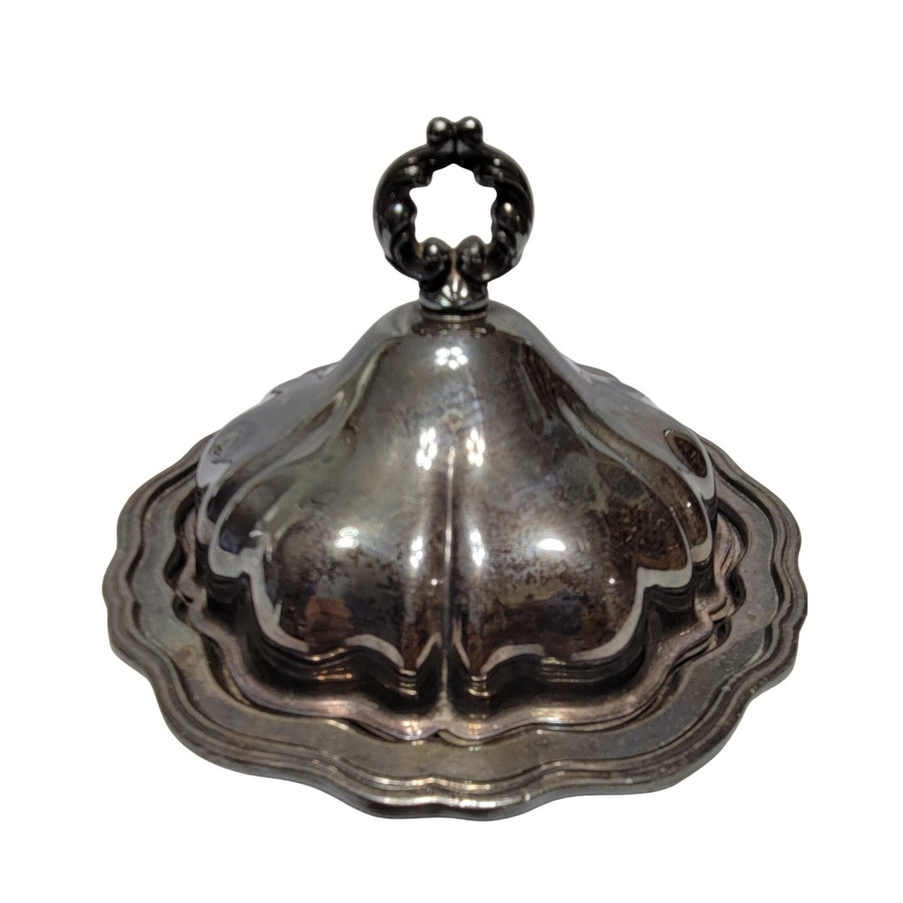 Vintage Silver Plated Scalloped Butter Dish 3 Piece Set with Dome Lid and Insert